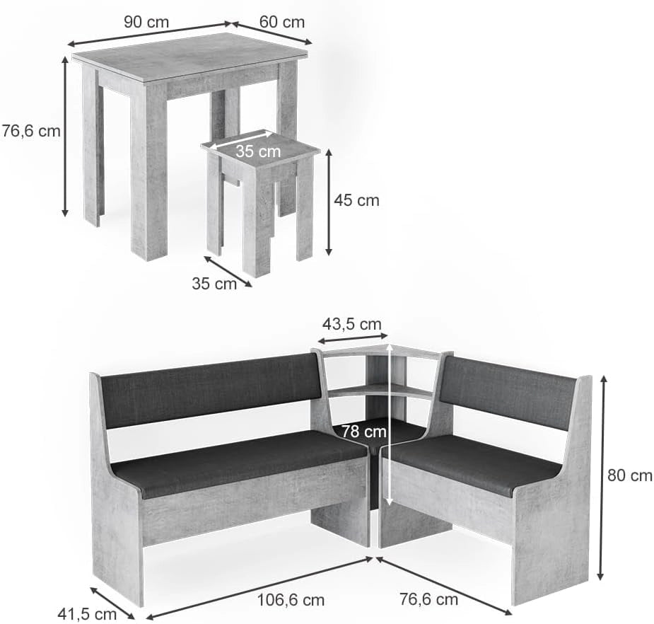 Gruppo panca ad angolo Roman, Calcestruzzo, 150 x 120 cm con tavolo, adatto per il posizionamento ad angolo in cucine e sale da pranzo