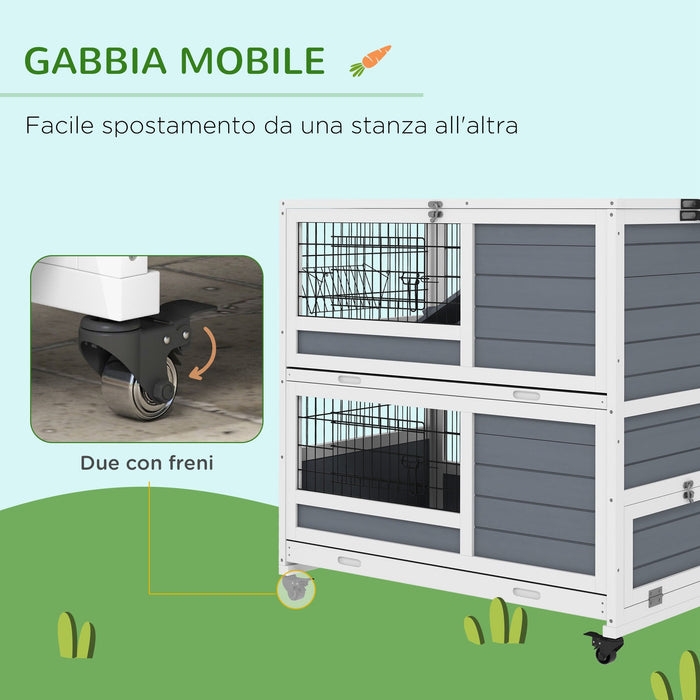 Conigliera in Legno da Interno a 2 Livelli con Ruote Vassoi Estraibili e Rampe Grigio