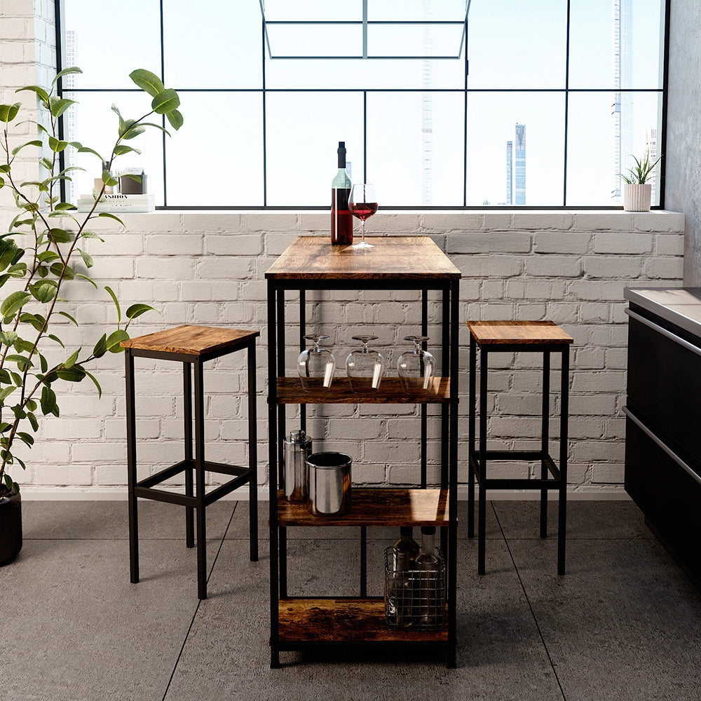 Vicco Tavolo bar con sgabelli Legno antico 120 x 50 cm con ripiani e 2 sgabelli da bar