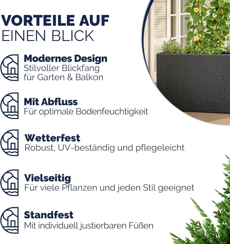 Fioriera Rettangolare 95x27x60 cm con 4 Vasi Interni in Polyrattan con Sistema di Drenaggio Fioriere Porta Vaso da Fiori Piante Divisorio Giardino Balcone Terrazza Nero