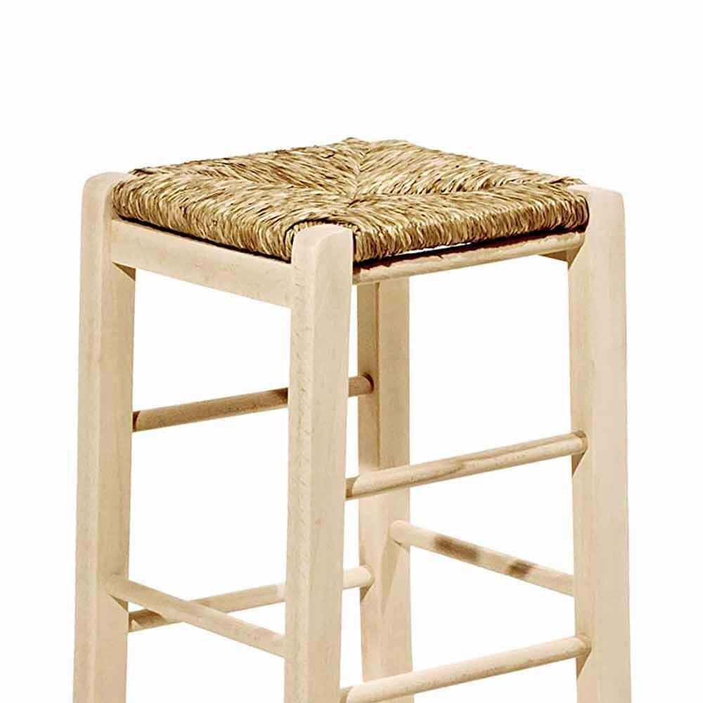 Sgabello in legno grezzo h 67 cm con seduta quadrata in paglia e piedi sciabola