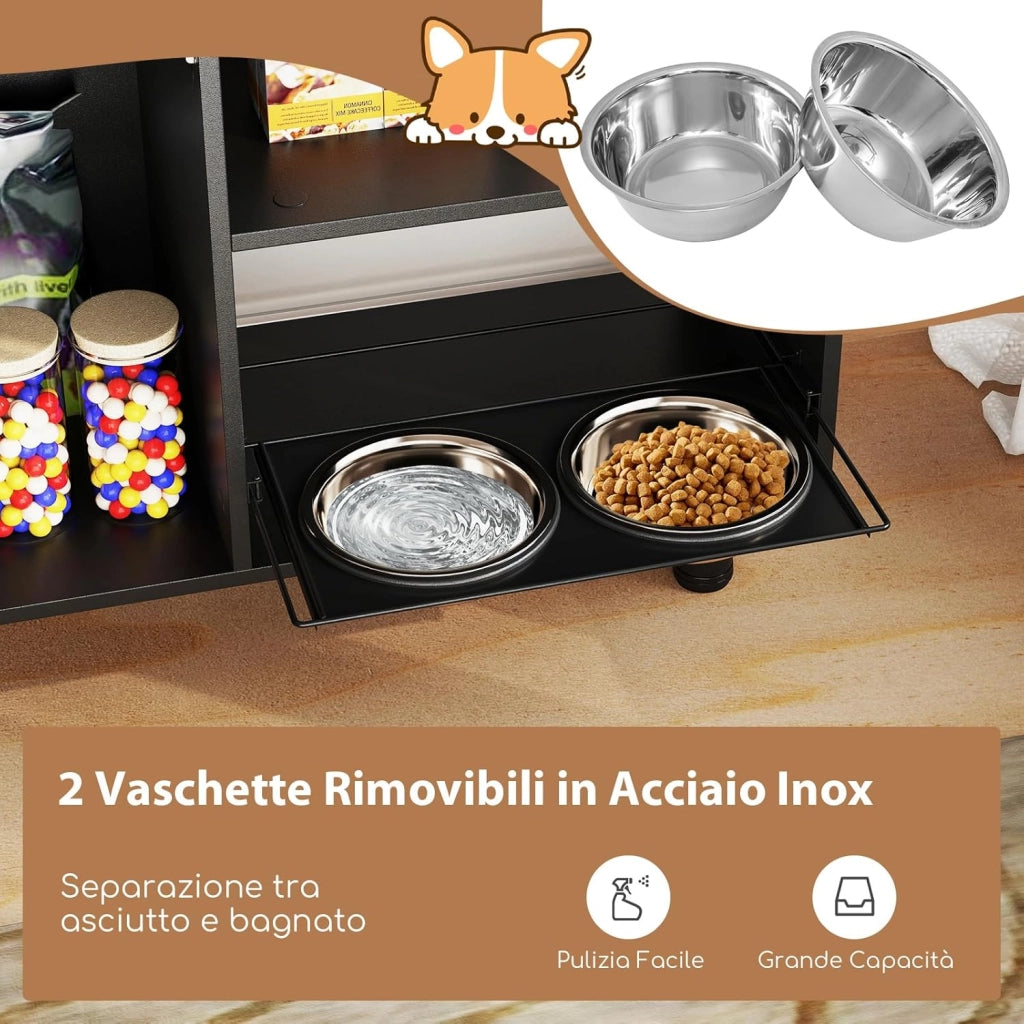 Ciotola per Cani Antigoccia 82 x 35 x 60cm, Armadietto per Animali con 2 Ciotole Rialzate in Acciaio Inox e Scaffale, Stazione di Alimentazione per Forniture di Cibo e Acqua, Marrone
