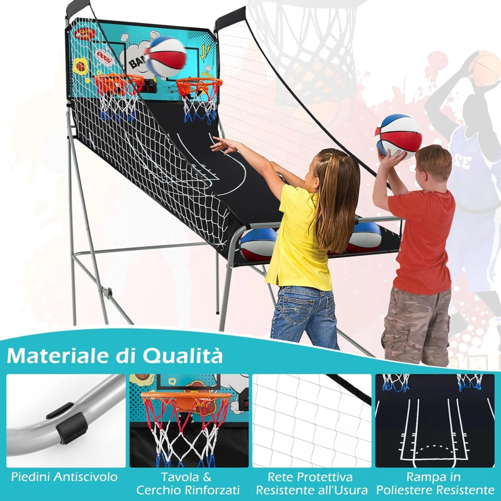 Macchina da Pallacanestro Elettronica, Canestro Basket da Camera a Doppio Tiro Pieghevole con Punteggio Elettronico, 4 Palle, 8 Modalità di Gioco e 2 Canestri (Verde)