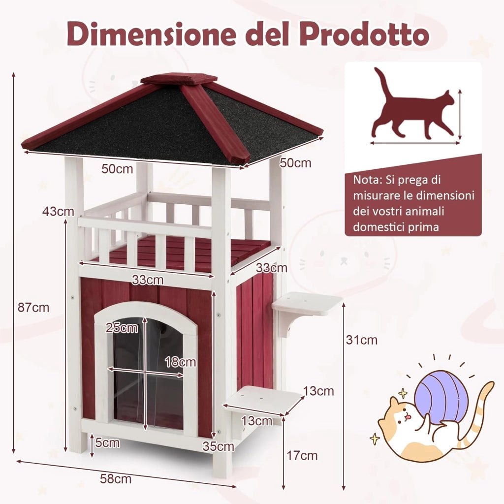 Casetta per Gatti in Legno, Casetta per Gattii a 2 Livelli con Tetto in Asfalto, 2 Piattaforme per Saltare, per Esterno e Interno, 58 x 50 x 87 cm