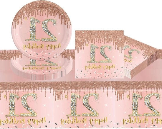 Set da tavola per compleanni in porcellana rosa dorata - servizio da 21 pezzi