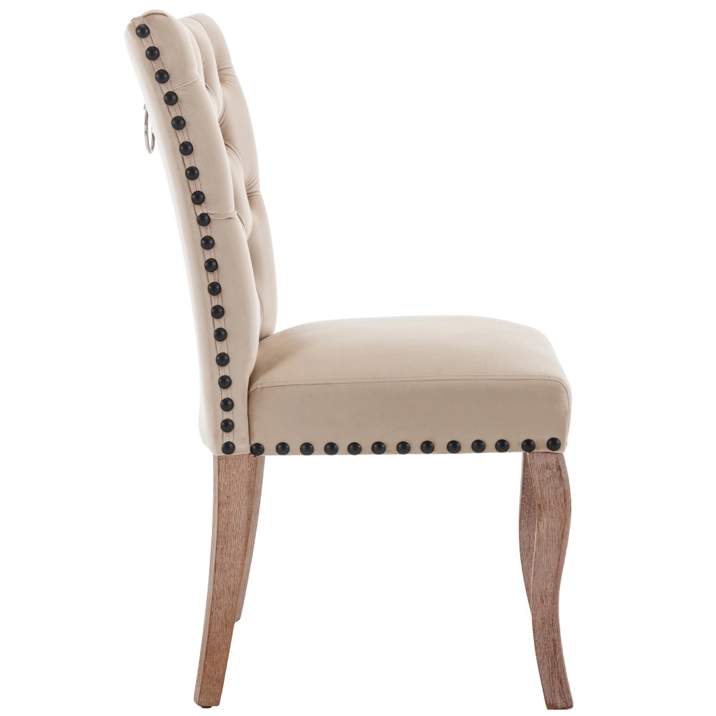 Sedia da pranzo con borchie in rame e schienale decorato in velluto con gambe in legno massiccio beige chiaro