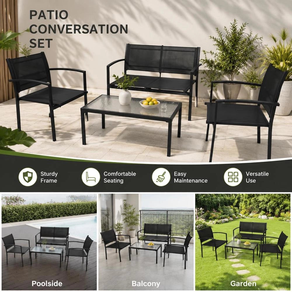 4-piece Garden Lounge Set, Textilene, Black