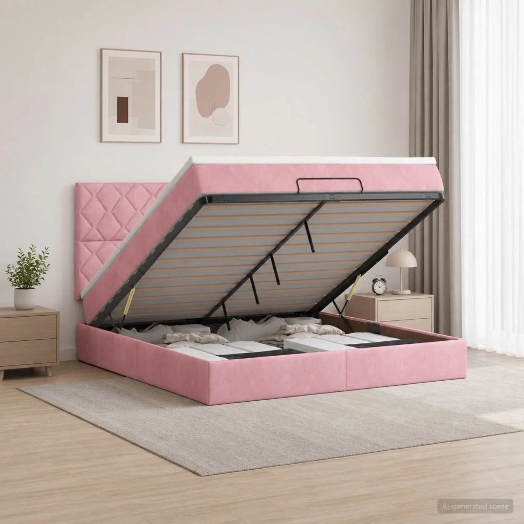 Letto ottomano con materasso Rosa 160 x 200 cm Velluto 3457808