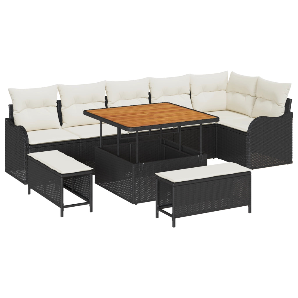 Set Divano da Giardino 9 Pezzi con Cuscini in Polyrattan Nero Acacia