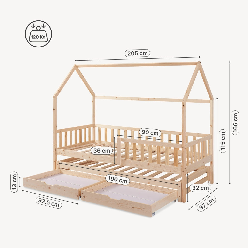 Letto a Casetta per Cameretta Aarghonmaa in Legno di Pino con Letto Estraibile 1 Materasso 90x200 cm e 2 Cassetti - Naturale [en.casa]