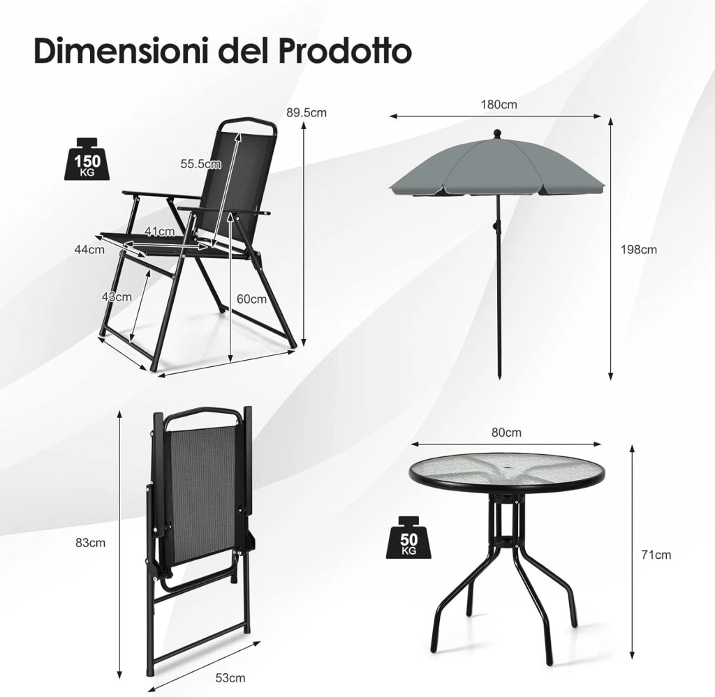 Set di Mobili da Giardino da 6 Pezzi, Tavolino da Caffè con Ombrellone, Piano in Vetro Temperato e 4 Sedie Pieghevoli, Set da Pranzo da Patio Terrazza Bordo Piscina