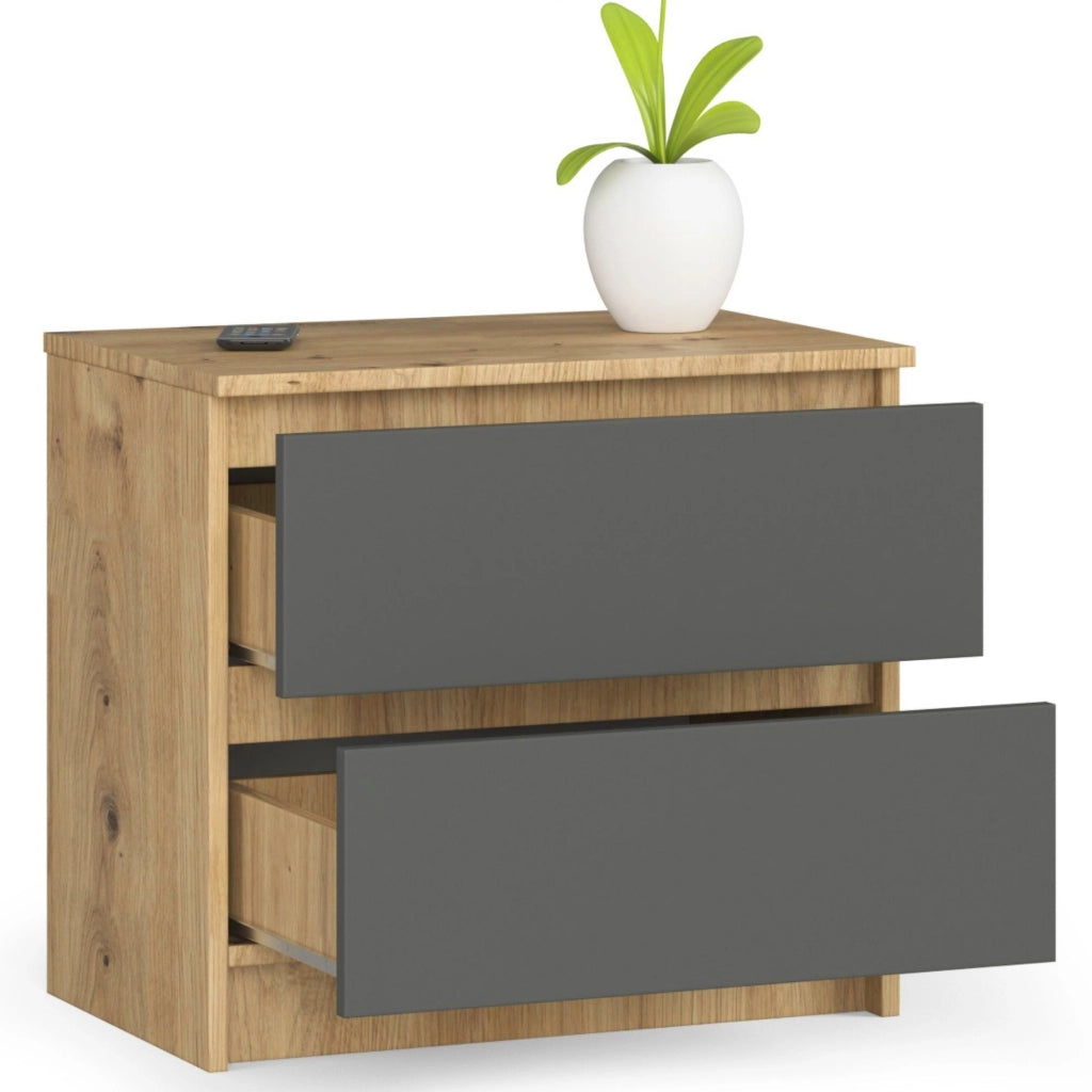 Comodino AKORD K60 Quercia Artisan 60 cm 2 cassetti inserto frontale Grigio Grafite 60x40x55 cm