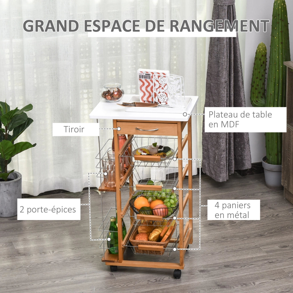 Tavolino da caff¨¨ con ruote, cassetto, 4 cesti e ripiani laterali ¨C zephmum ¨C 47x37x83 cm bianco e marrone