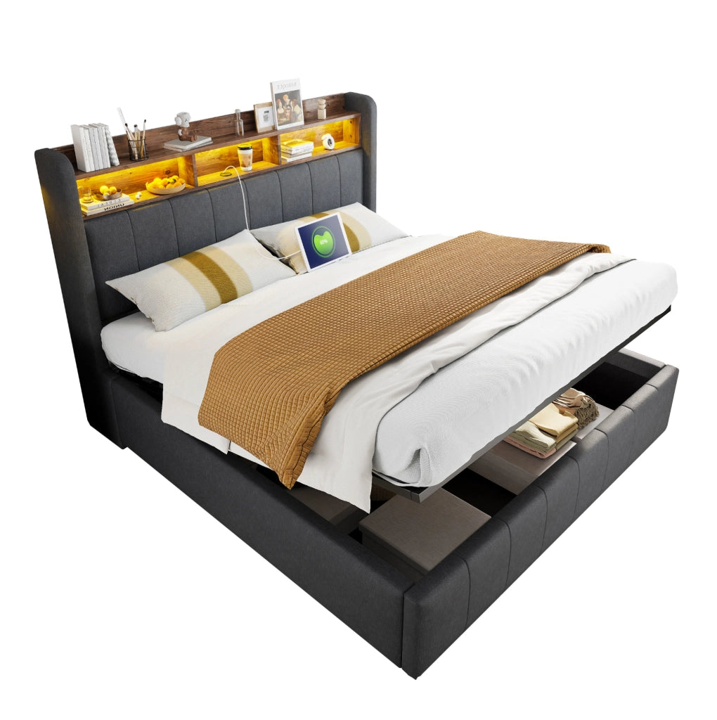 Letto imbottito 160x200 cm grigio con LED, USB e vano contenitore