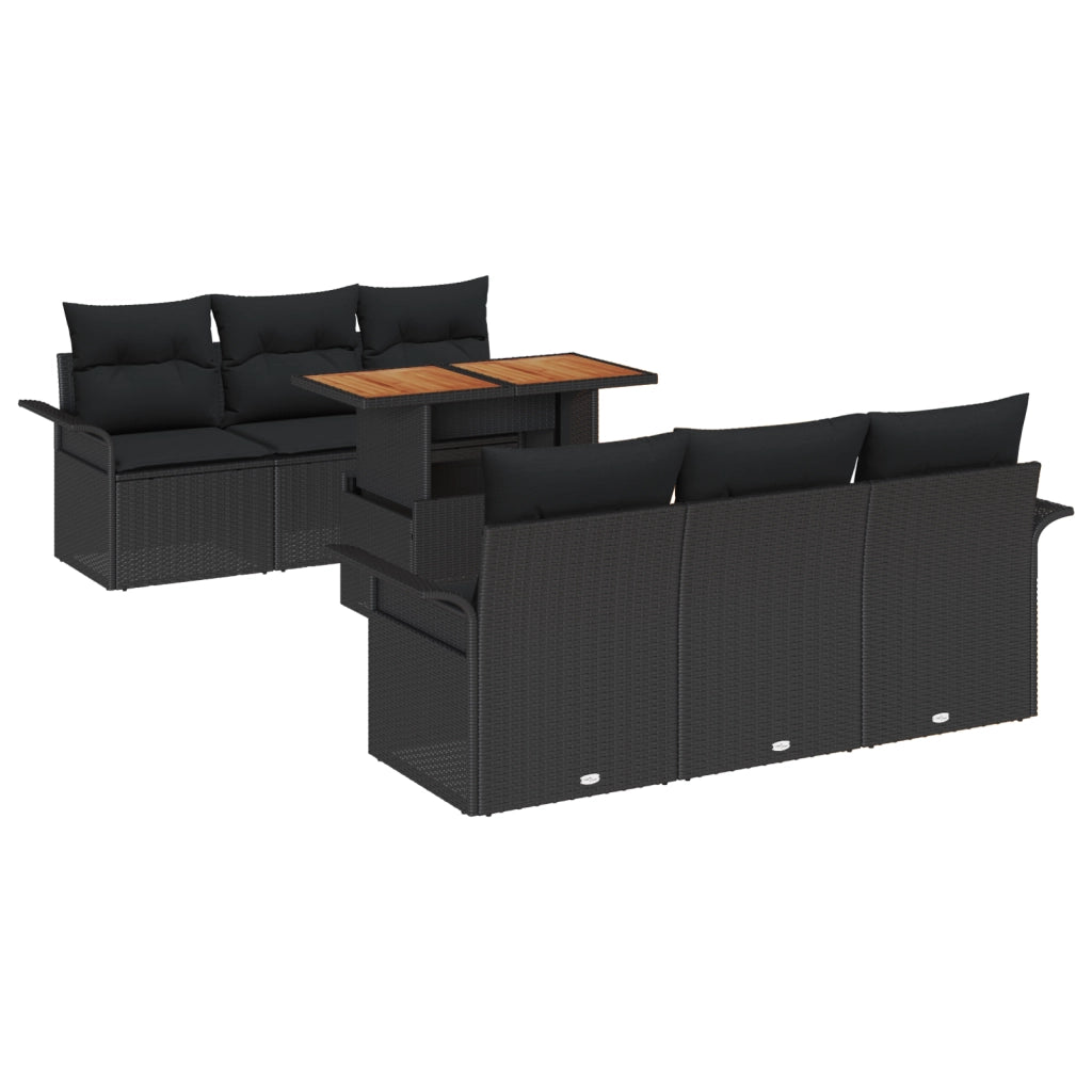 Set di divani da giardino da 7 pezzi con cuscini neri in polyrattan acacia