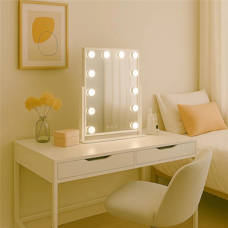 SPECCHIO RETTANGOLARE  HOLLYWOOD DA TAVOLO CON 12 LED CON 3 LUCI REGOLABILI, ACCENSIONE TOUCH CON SPINA DIMENSIONE 30X40 CM