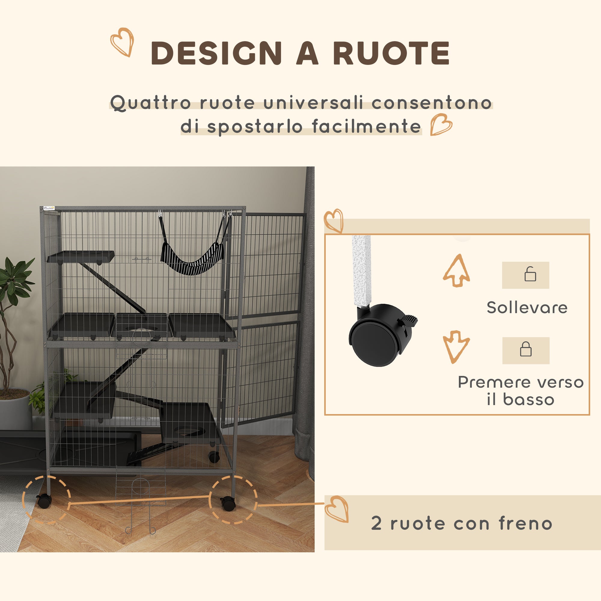 Gabbia per Roditori 80x52x128 cm con 4 Ingressi a Livelli Multipli in Metallo e PP Grigio