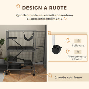 Gabbia per Roditori 80x52x128 cm con 4 Ingressi a Livelli Multipli in Metallo e PP Grigio
