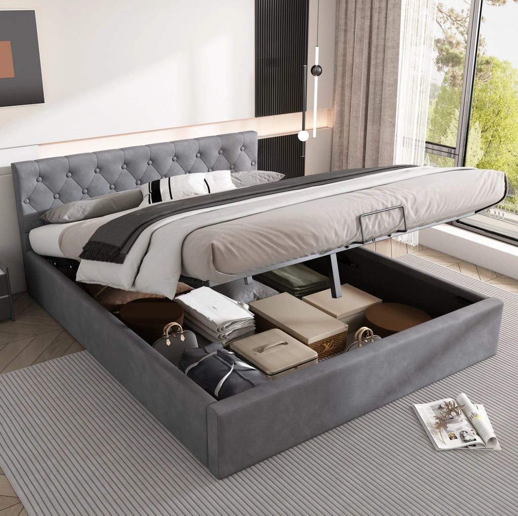 Letto matrimoniale 140x200 cm in velluto grigio con testiera capitonn茅 e contenitore idraulico