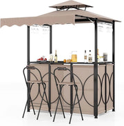 Gazebo per Barbecue, Pergola per BBQ con Tavolo Bar e 2 Sgabelli Bar Pieghevoli, Ripiani di Stoccaggio in Metallo, per Giardino e Cortile, 193 x 117 x 240 cm (Marrone)