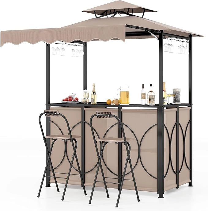 Gazebo per Barbecue, Pergola per BBQ con Tavolo Bar e 2 Sgabelli Bar Pieghevoli, Ripiani di Stoccaggio in Metallo, per Giardino e Cortile, 193 x 117 x 240 cm (Marrone)