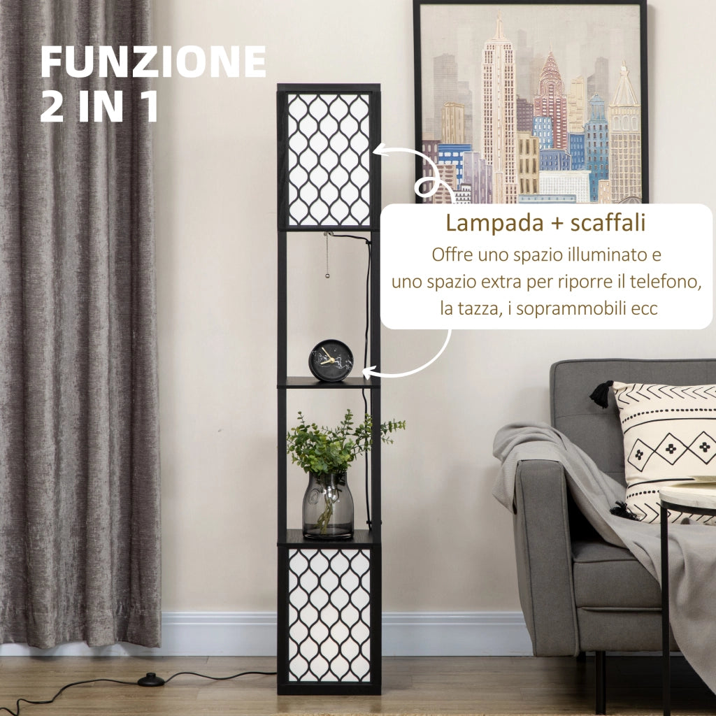 Lampada da Terra a Colonna in MDF e Plastica con 2 Ripiani, per Soggiorno, Studio e Camera da Letto, 26x26x156 cm