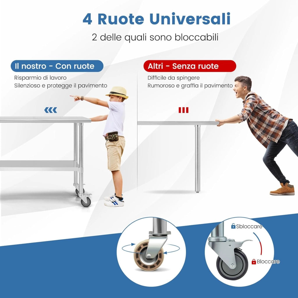 Tavolo da Lavoro in Acciaio Inox 122 x 61 x 90 cm con Ruote, Piano di Lavoro per Preparazione di Alimenti con Ripiano Regolabile, Tavolo da Lavoro Commerciale per Cucina, Ristorante e Hotel