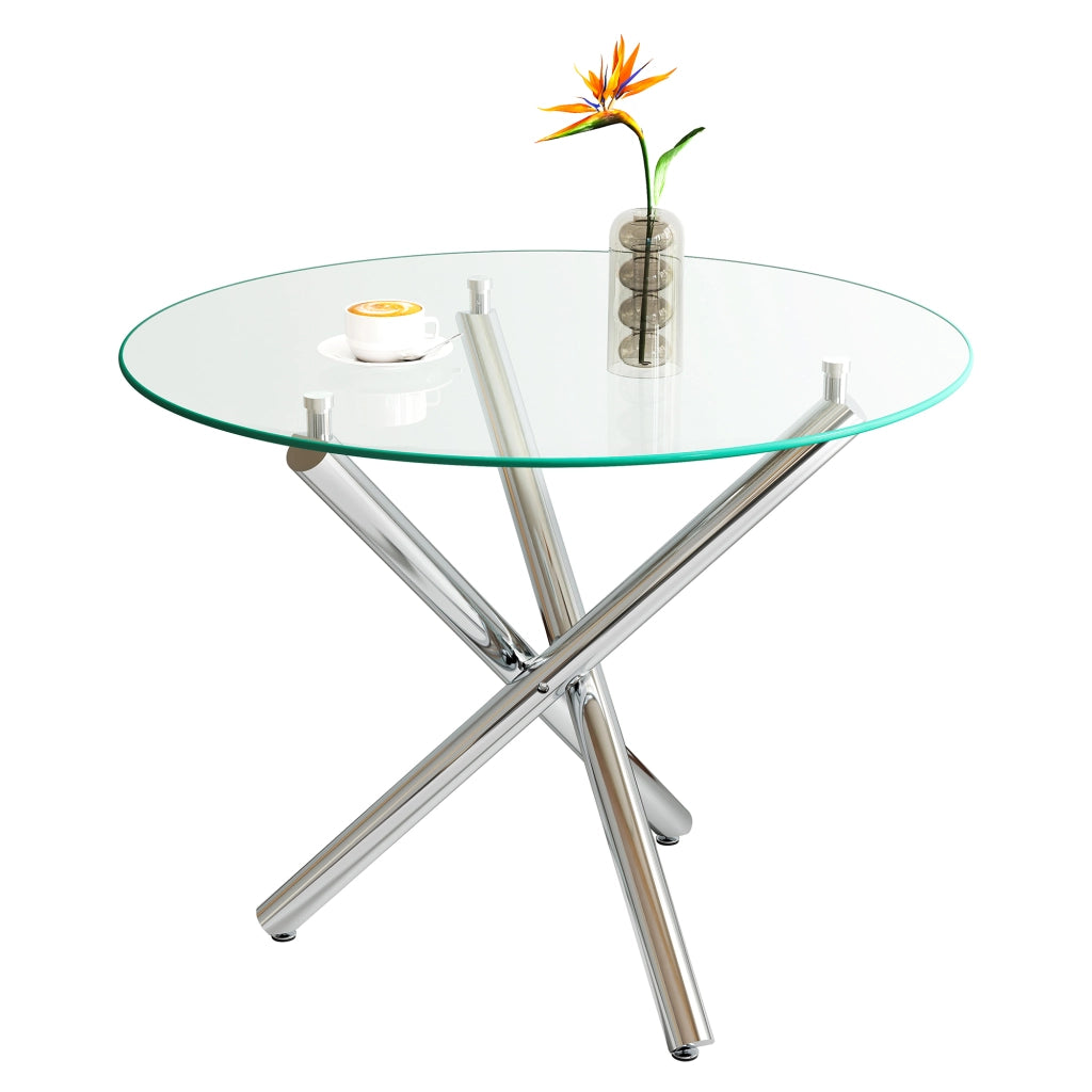 Tavolo da pranzo rotondo con piano in vetro temperato e gambe in metallo, per 2-4 persone, argento, 80 × 80 × 76 cm