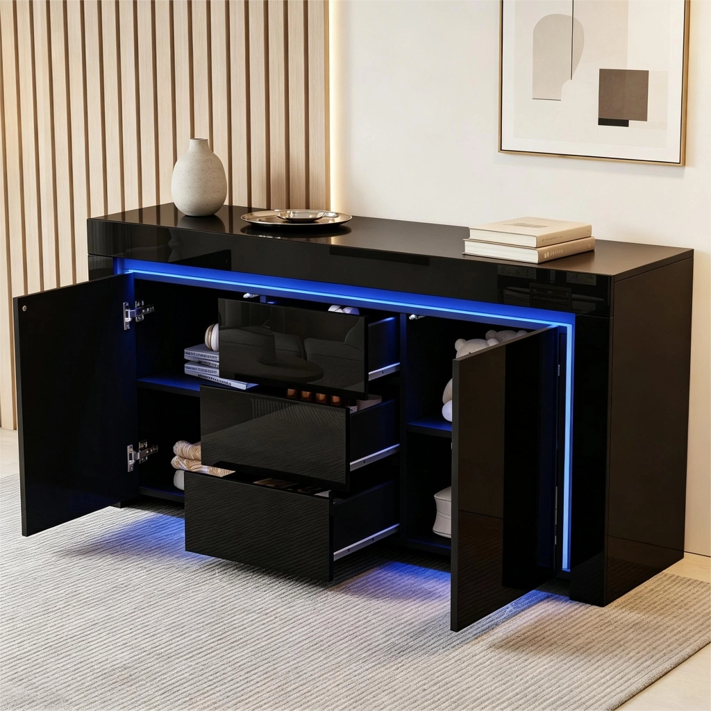 Sideboard moderno nero 140 x 40 x 65 cm con 2 ante, 3 cassetti, LED e finitura lucida