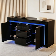 Sideboard moderno nero 140 x 40 x 65 cm con 2 ante, 3 cassetti, LED e finitura lucida