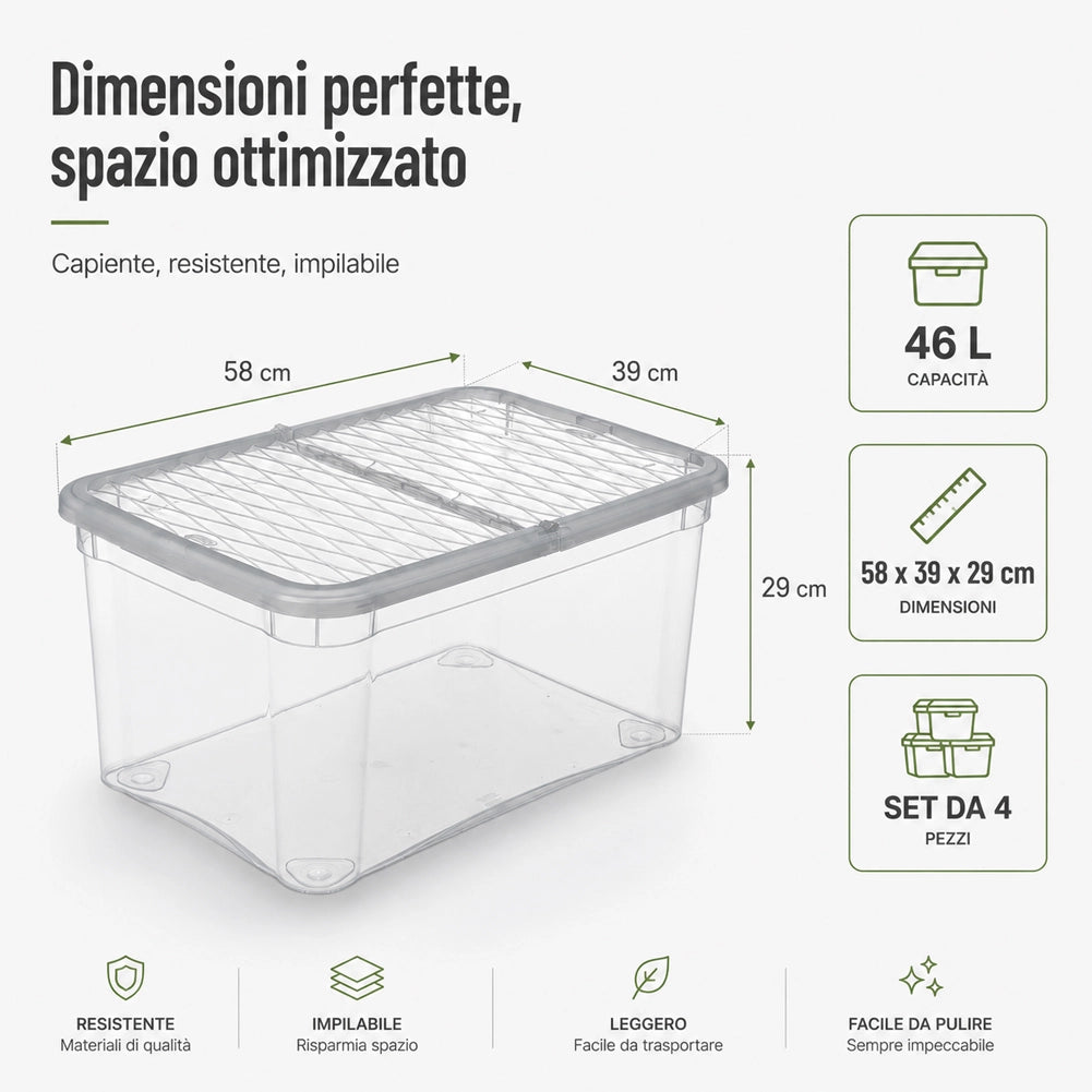 4 Pezzi Storage Box Marea Contenitori Trasparenti in Plastica 46Lx4Pz 57x39x29cm
