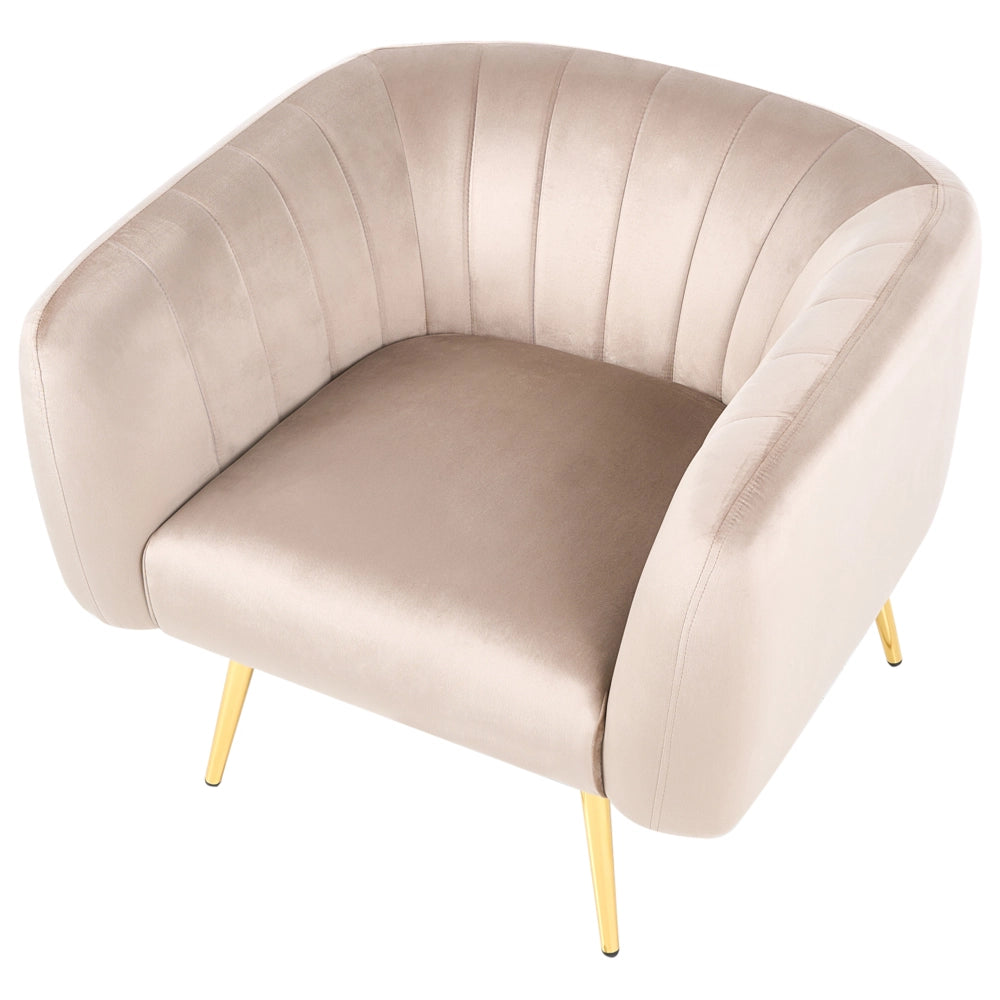 Poltrona Velluto Tortora Struttura in Metallo Dorato con Schienale Tondo Stile Glamour elegante