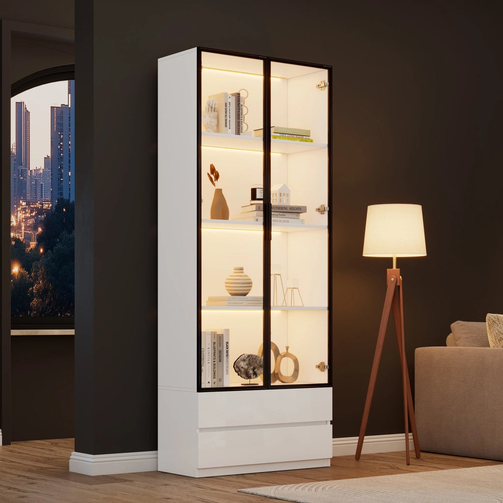 Vetrina con LED, 2 ante e 2 cassetti, per soggiorno e studio, in MDF e vetro temperato, bianco, 80 × 34 × 200 cm