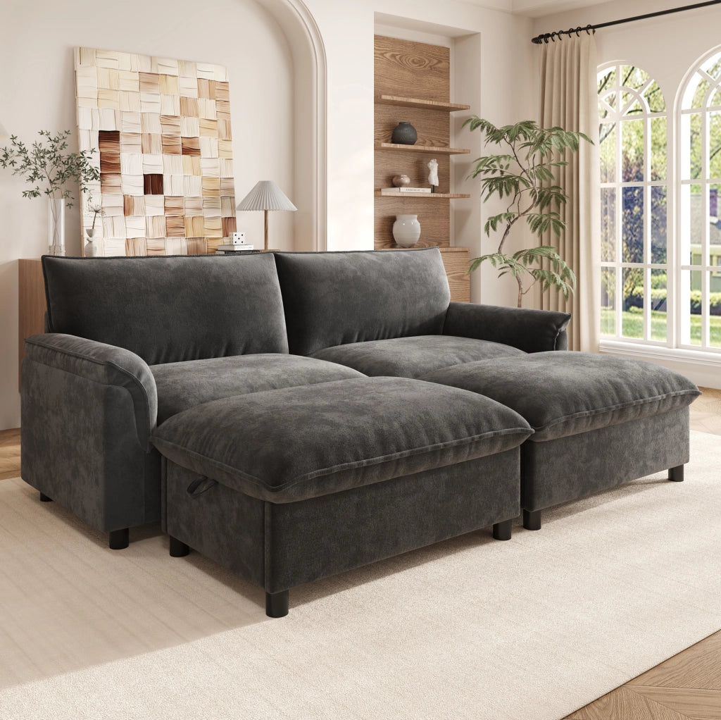 Divano modulare con pouf mobili e vano contenitore, ciniglia grigia