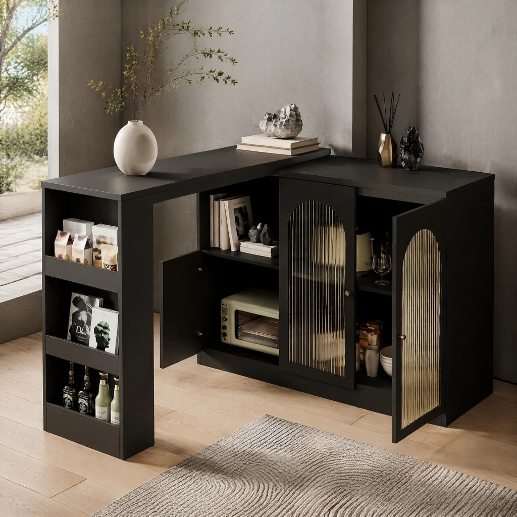 Bartisch mit 360° Drehfunktion aus MDF, 120 x 40 x 97 cm, moderner schwarzer Ess- und Barschrank mit Glasfront