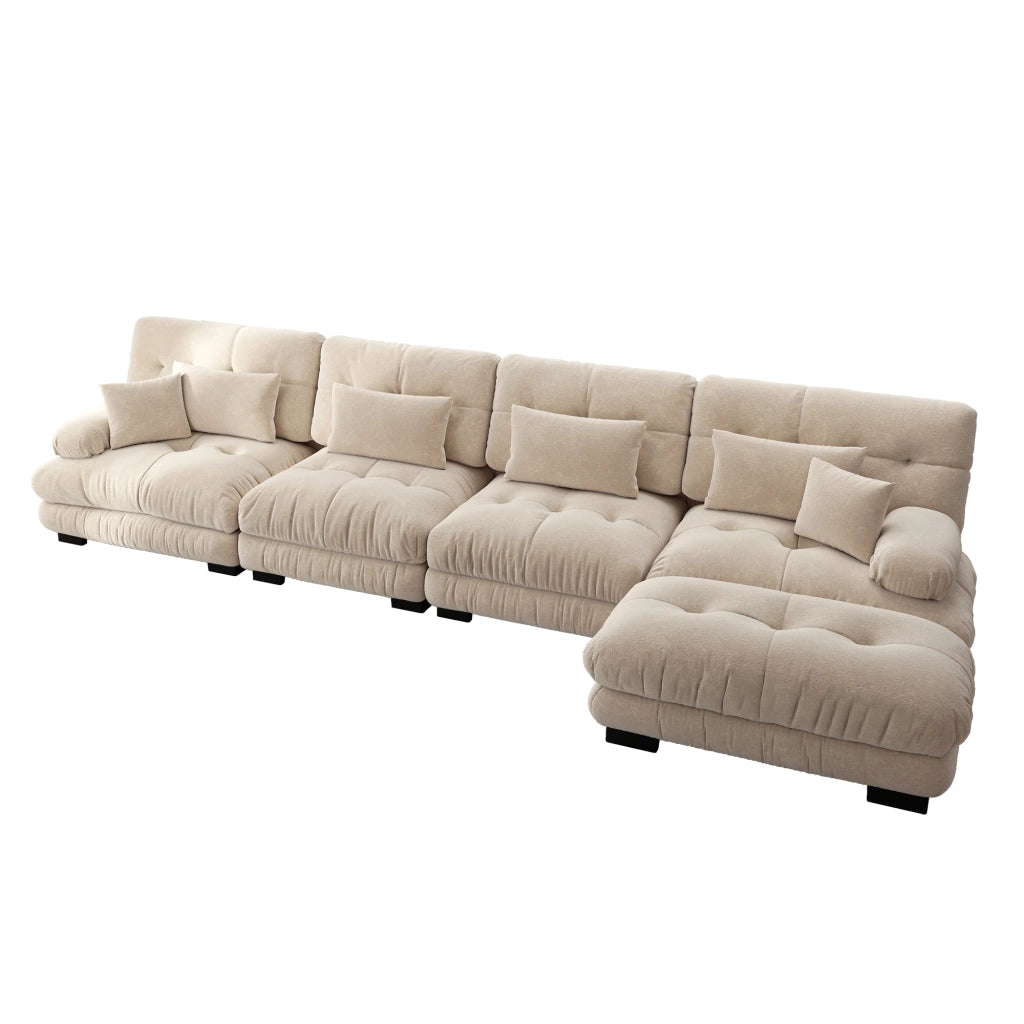 Divano angolare modulare a 4 posti in chenille color caffè chiaro con pouf mobile e seduta profonda