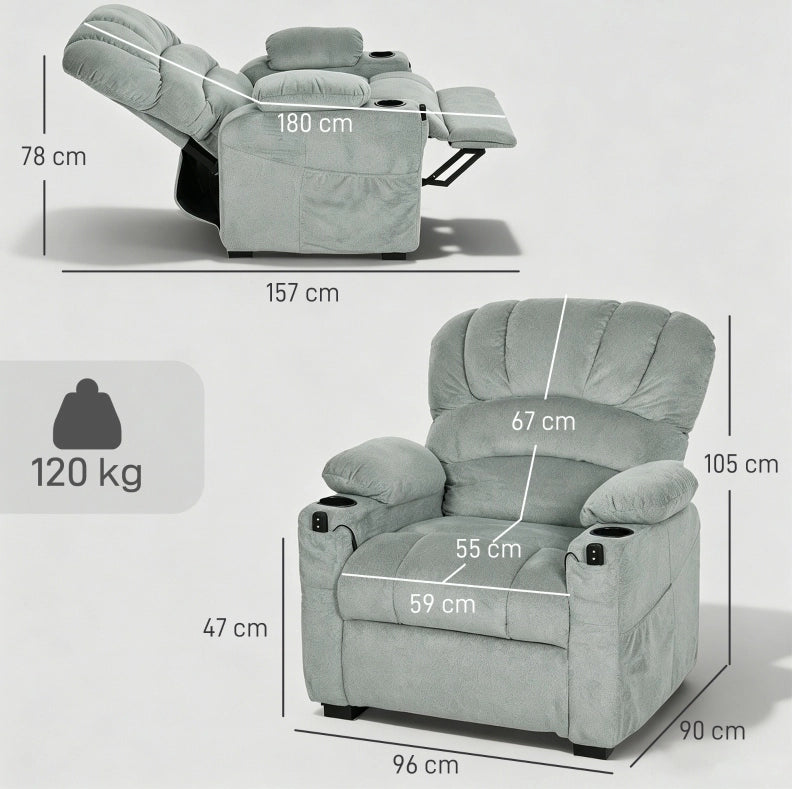 Poltrona Relax Elettrica Grigia con USB, Memory e Portabevande
