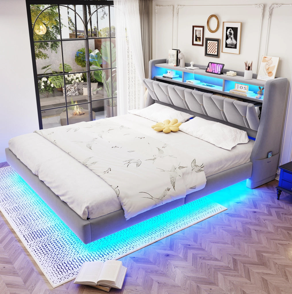 Letto matrimoniale imbottito 180x200 cm grigio chiaro con LED