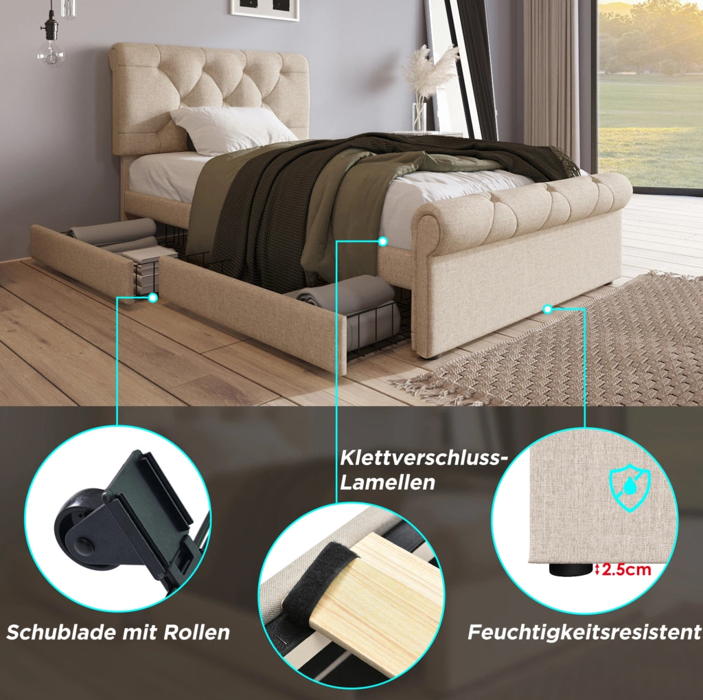 Letto singolo imbottito 90x200 cm con 2 cassetti e testiera regolabile; naturale