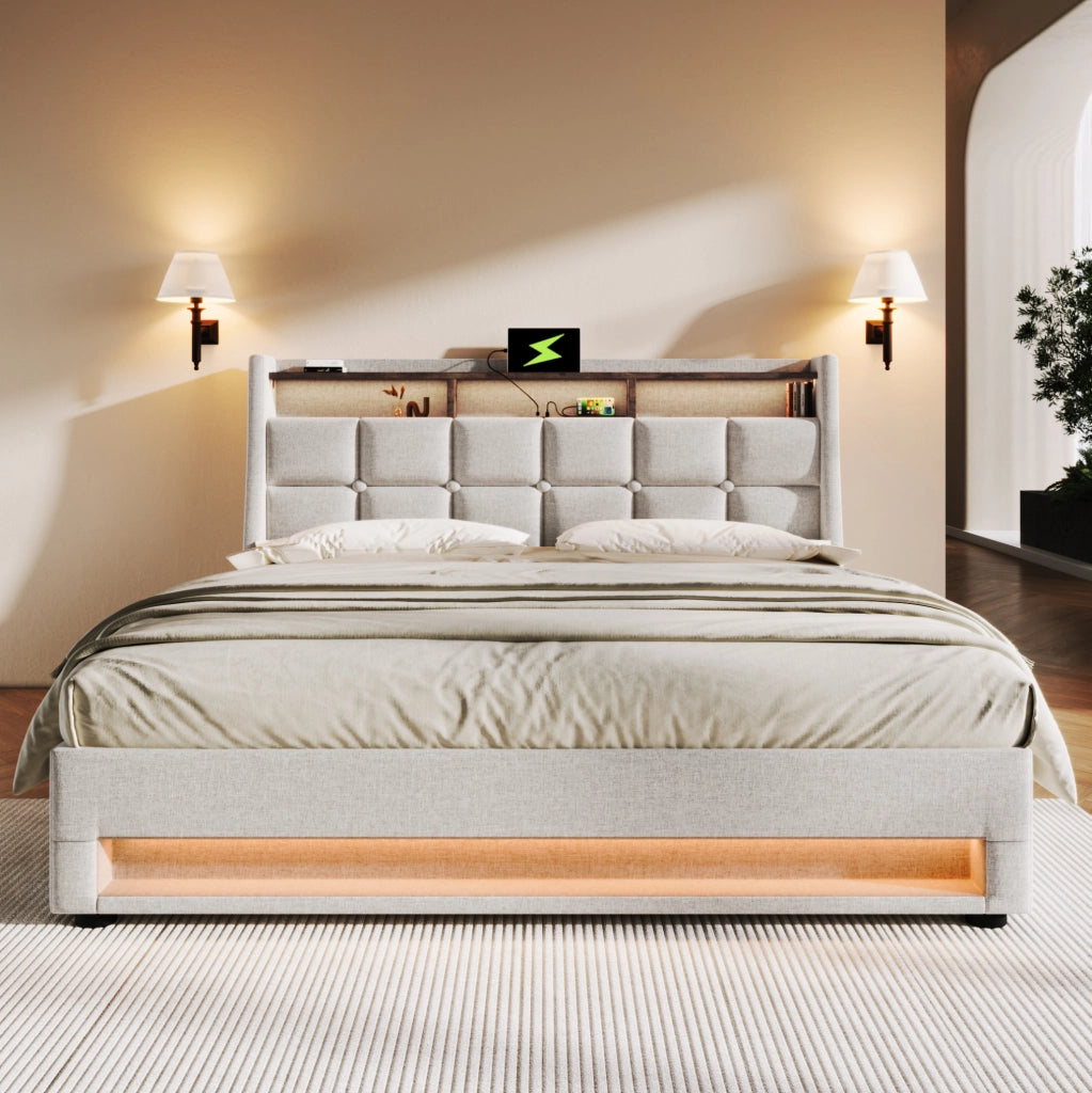 Letto imbottito 140x200 cm con LED, USB e contenitore