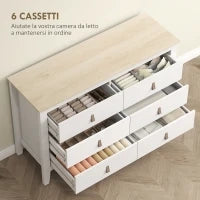 Cassettiera per Camera da Letto a 6 Cassetti con Maniglie in Finta Pelle, 120x40x78 cm, Bianco