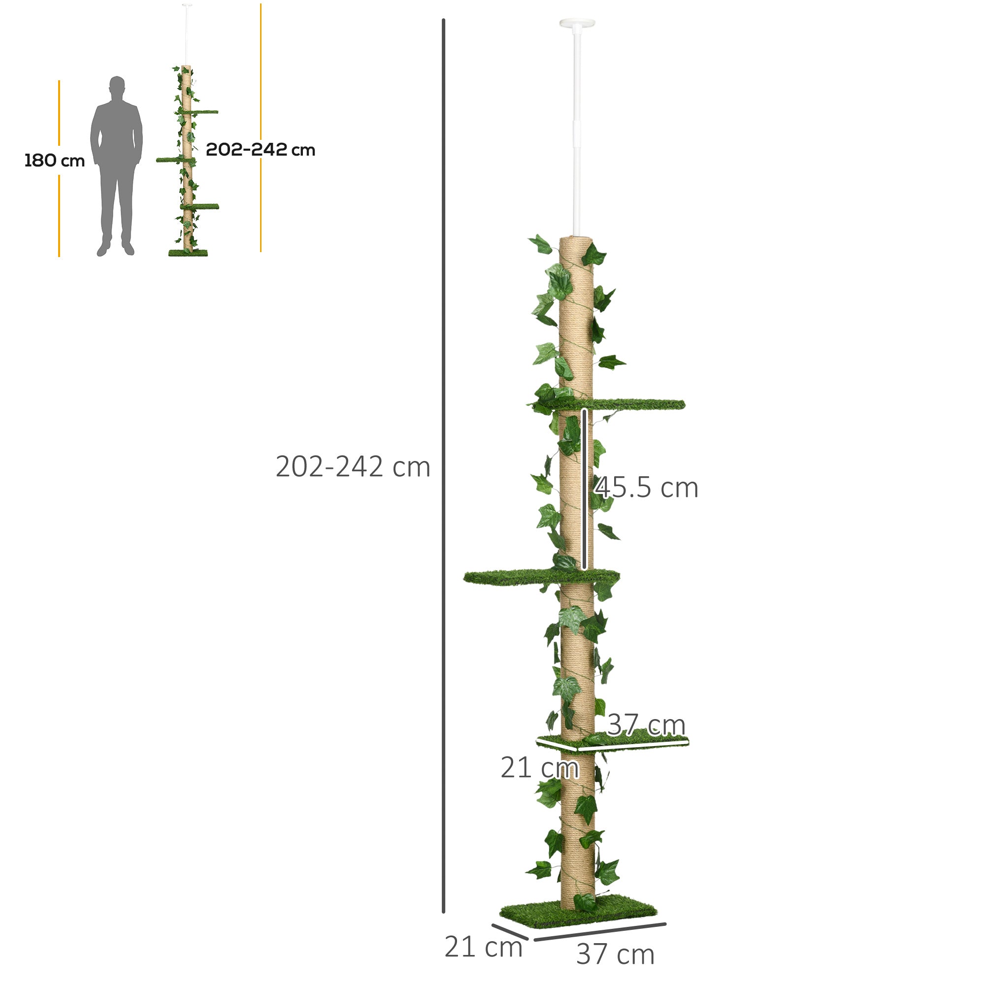 Albero Tiragraffi per Gatti Asta Regolabile a Soffitto Alto 202-242 cm Verde