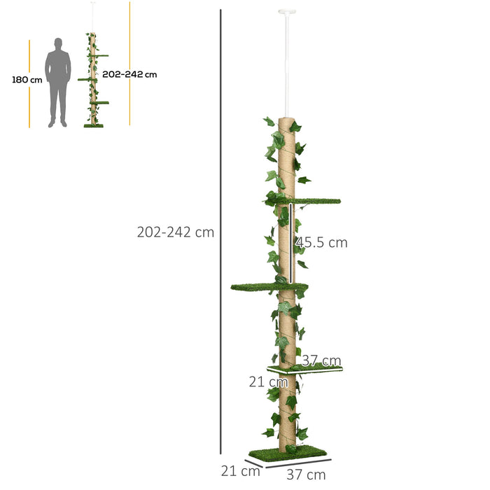 Albero Tiragraffi per Gatti Asta Regolabile a Soffitto Alto 202-242 cm Verde