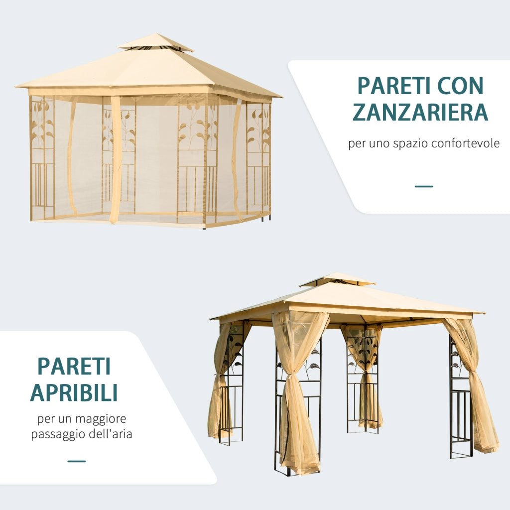 Gazebo da Giardino 3x3m con Zanzariera ¨C Minimal ¨C Telaio in Acciaio Doppio Tettuccio Beige
