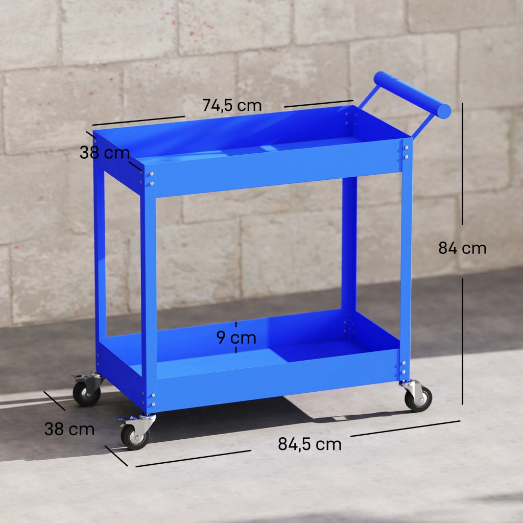 Carrello da lavoro a 2 livelli con maniglia laterale e ruote bloccabili ¨C zephmum ¨C 84.5x38x84cm blu