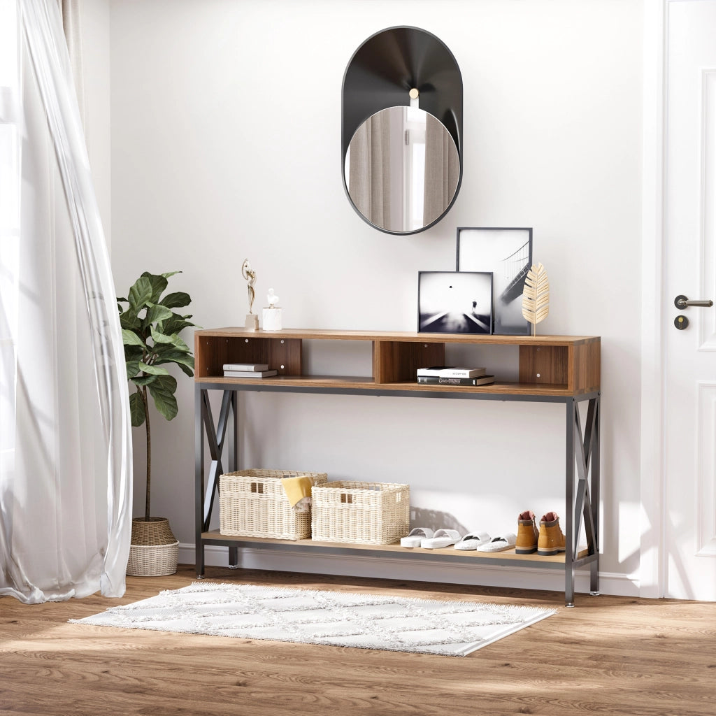 Tavolo consolle ingresso industriale con ripiani ¨C zephmum ¨C legno noce 120x23.5x75 cm