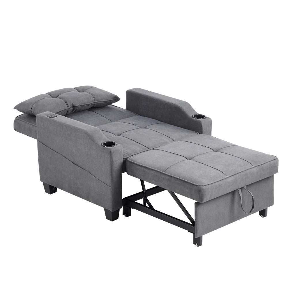 Poltrona letto 3 in 1 con portabicchieri USB e schienale regolabile in legno e metallo grigio scuro