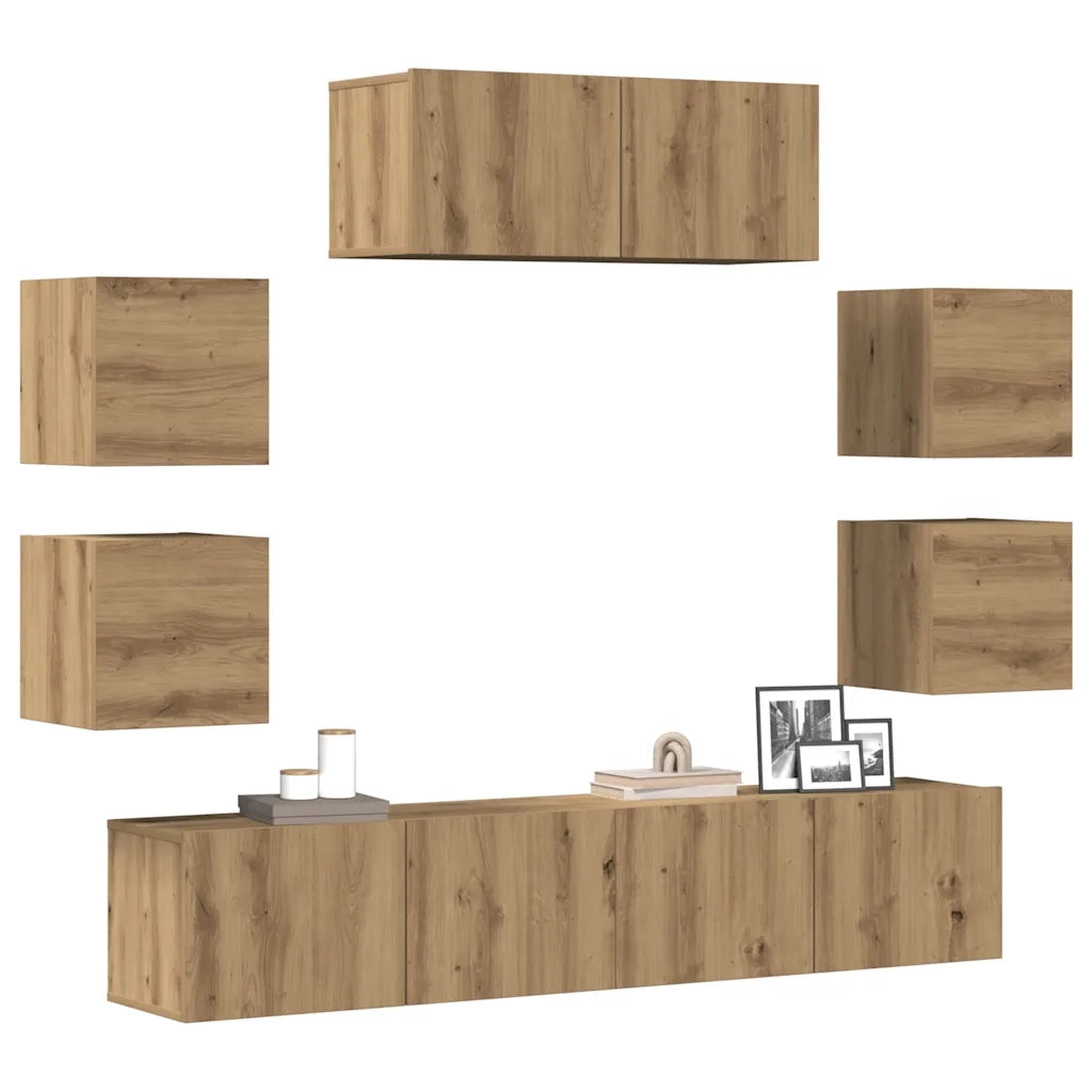 Set Mobile TV 7 pz Montato a Parete Rovere in Legno Multistrato