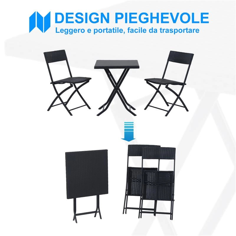 SET CON TAVOLINO E 2 SEDIE DA GIARDINO PIEGHEVOLI IN RATTAN COLORE NERO