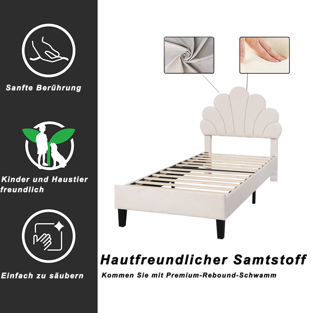 Letto imbottito 90x200 cm con testiera a forma di fiore; velluto beige
